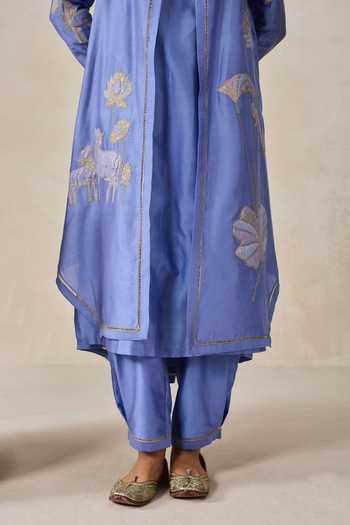 Shop_Nitika Gujral_Blue Chanderi Round Neck Applique Kurta Set _Online_at_Aza_Fashions