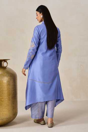 Shop_Nitika Gujral_Blue Chanderi Collared Kurta And Pant Set _at_Aza_Fashions