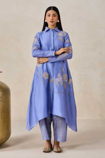 Nitika Gujral_Blue Chanderi Collared Kurta And Pant Set _Online_at_Aza_Fashions