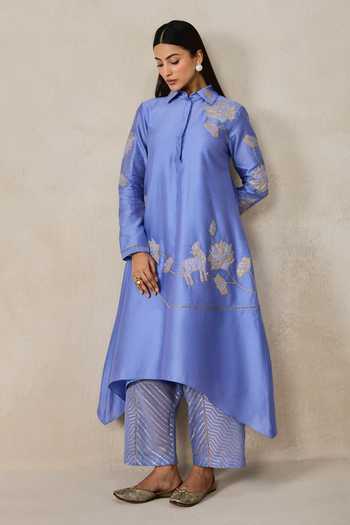 Buy_Nitika Gujral_Blue Chanderi Collared Kurta And Pant Set _at_Aza_Fashions