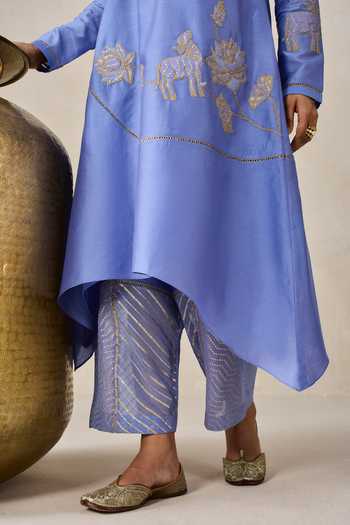 Buy_Nitika Gujral_Blue Chanderi Collared Kurta And Pant Set _Online_at_Aza_Fashions