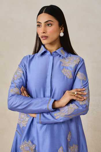 Shop_Nitika Gujral_Blue Chanderi Collared Kurta And Pant Set _Online_at_Aza_Fashions
