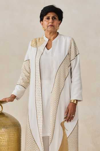 Nitika Gujral_Ivory Chanderi Mandarin Collar, V-neck Jacket Pant Set _Online_at_Aza_Fashions