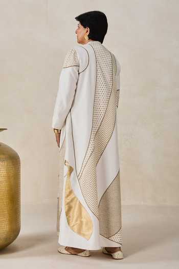Shop_Nitika Gujral_Ivory Chanderi Mandarin Collar, V-neck Jacket Pant Set _at_Aza_Fashions