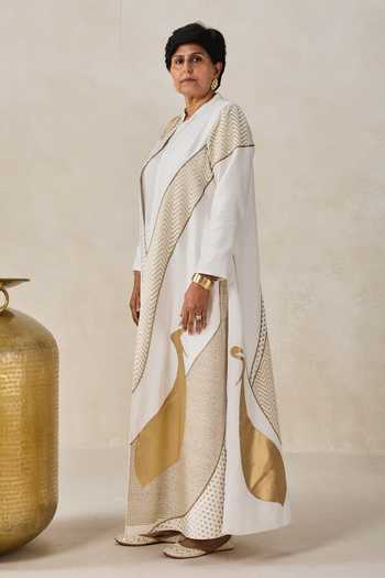 Buy_Nitika Gujral_Ivory Chanderi Mandarin Collar, V-neck Jacket Pant Set _Online_at_Aza_Fashions