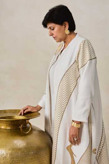 Shop_Nitika Gujral_Ivory Chanderi Mandarin Collar, V-neck Jacket Pant Set _Online_at_Aza_Fashions