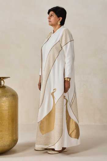 Nitika Gujral_Ivory Chanderi Mandarin Collar, V-neck Jacket Pant Set _at_Aza_Fashions
