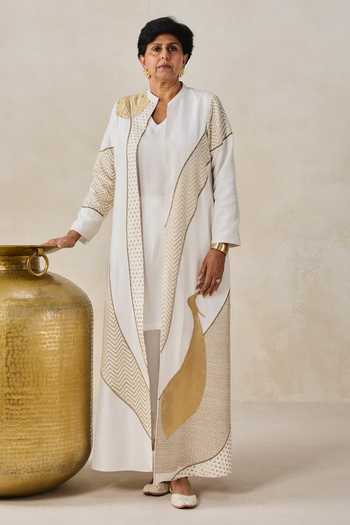 Buy_Nitika Gujral_Ivory Chanderi Mandarin Collar, V-neck Jacket Pant Set _at_Aza_Fashions