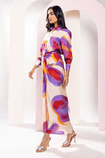 Buy_Poppi_Multi Color Bemberg Collared Floral Printed Shirt And Skirt Set _Online_at_Aza_Fashions