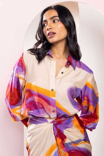 Shop_Poppi_Multi Color Bemberg Collared Floral Printed Shirt And Skirt Set _Online_at_Aza_Fashions