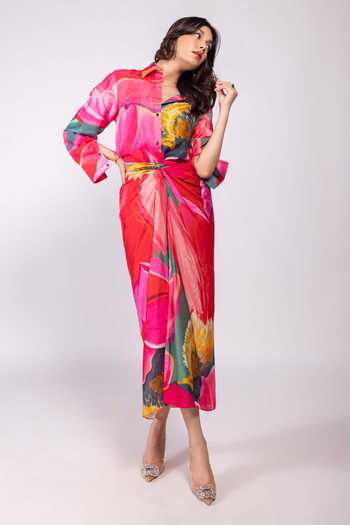 Poppi_Multi Color Bemberg Collared Floral Printed Shirt And Skirt Set _Online_at_Aza_Fashions