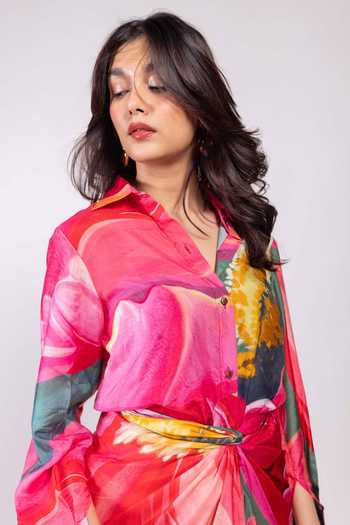 Shop_Poppi_Multi Color Bemberg Collared Floral Printed Shirt And Skirt Set _Online_at_Aza_Fashions