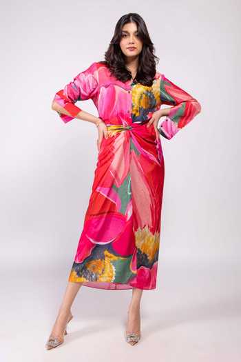 Buy_Poppi_Multi Color Bemberg Collared Floral Printed Shirt And Skirt Set _at_Aza_Fashions