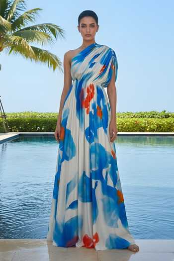 Buy_Poppi_Blue Bemberg One Shoulder Pleated Printed Dress _at_Aza_Fashions