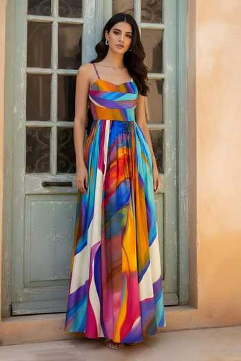 Buy_Poppi_Multi Color Bemberg Cowl Neck Printed Strappy Maxi Dress _at_Aza_Fashions