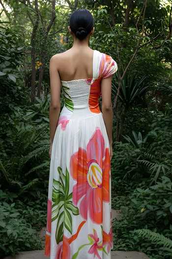 Shop_Poppi_White Bemberg Asymmetric, One Shoulder Floral Printed Pleated Dress _at_Aza_Fashions