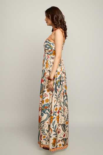 Shop_Poppi_Multi Color Silk, Bemberg Square Neck Floral Printed Tie-up Strap Dress _at_Aza_Fashions