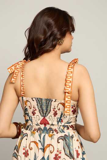 Shop_Poppi_Multi Color Silk, Bemberg Square Neck Floral Printed Tie-up Strap Dress _Online_at_Aza_Fashions