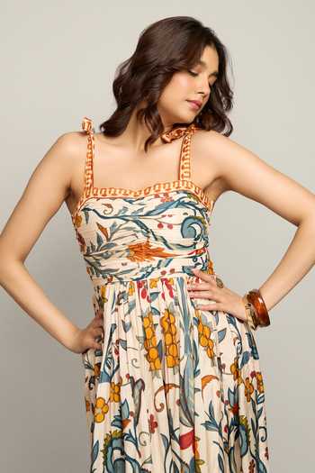 Poppi_Multi Color Silk, Bemberg Square Neck Floral Printed Tie-up Strap Dress _at_Aza_Fashions