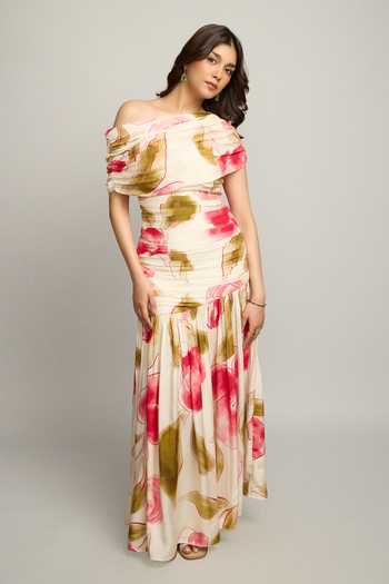 Poppi_Off White Silk, Bemberg Bandeau Neck Floral Print Ruched Dress _Online