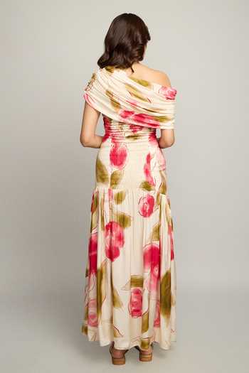Buy_Poppi_Off White Silk, Bemberg Bandeau Neck Floral Print Ruched Dress _Online