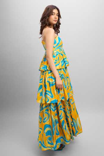 Poppi_Blue Bemberg Bandeau Neck Beaded Printed Maxi Dress _Online_at_Aza_Fashions