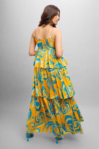 Shop_Poppi_Blue Bemberg Bandeau Neck Beaded Printed Maxi Dress _at_Aza_Fashions