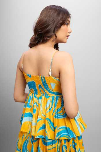 Buy_Poppi_Blue Bemberg Bandeau Neck Beaded Printed Maxi Dress _Online_at_Aza_Fashions