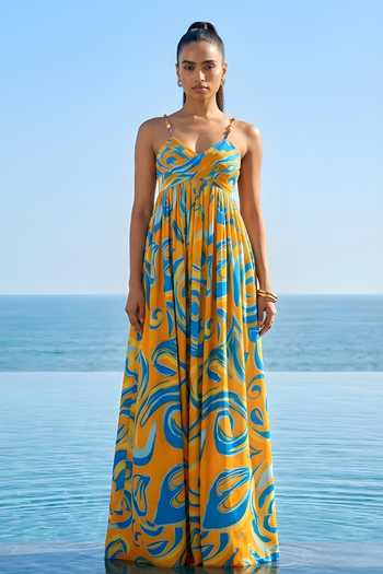 Poppi_Blue Silk, Bemberg V-neck Printed Maxi Dress _Online_at_Aza_Fashions