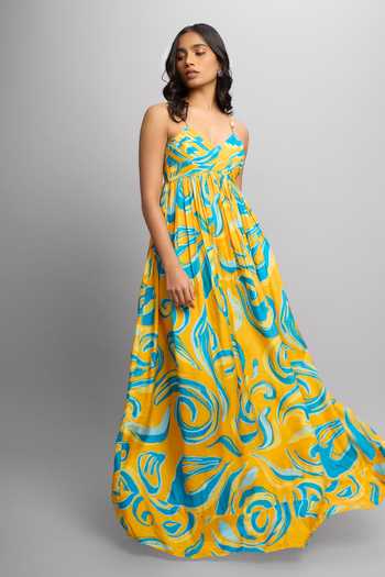 Shop_Poppi_Blue Silk, Bemberg V-neck Printed Maxi Dress _Online_at_Aza_Fashions
