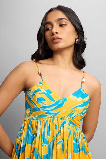 Poppi_Blue Silk, Bemberg V-neck Printed Maxi Dress _at_Aza_Fashions