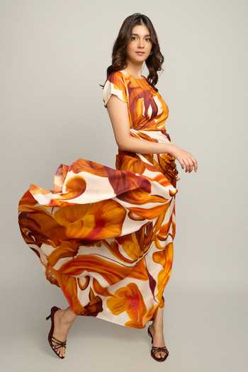 Buy_Poppi_Multi Color Bemberg Round Neck Printed Dress _Online_at_Aza_Fashions