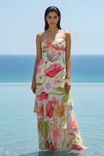 Buy_Poppi_Multi Color Bemberg Sweetheart Neck Floral Print Dress _Online_at_Aza_Fashions