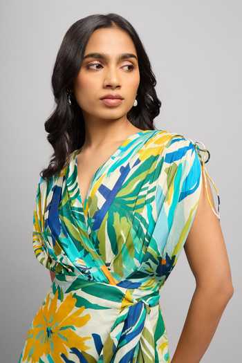 Poppi_Multi Color Silk, Bemberg V-neck Printed Wrap Maxi Dress _at_Aza_Fashions
