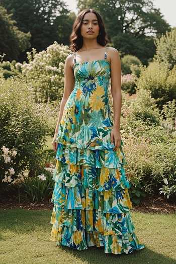 Buy_Poppi_Multi Color Silk, Bemberg Square Neck Smocked Bodice Floral Printed Dress _at_Aza_Fashions