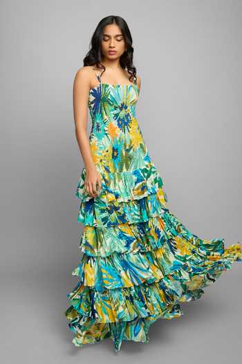 Poppi_Multi Color Silk, Bemberg Square Neck Smocked Bodice Floral Printed Dress _at_Aza_Fashions