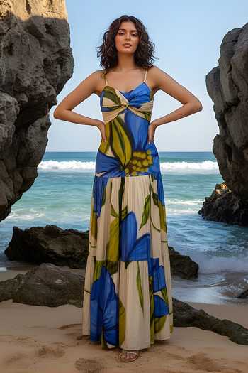 Buy_Poppi_Multi Color Bemberg Sweetheart Neck Printed Maxi Dress _at_Aza_Fashions