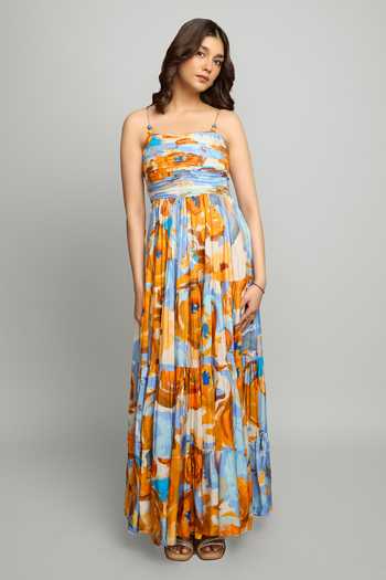 Buy_Poppi_Multi Color Silk, Bemberg Bandeau Neck Floral Printed Maxi Dress _at_Aza_Fashions