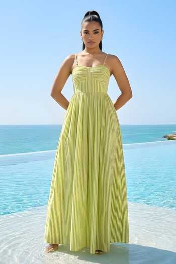 Buy_Poppi_Green Silk, Bemberg Bandeau Neck Striped Dress _at_Aza_Fashions