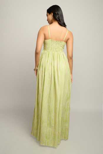 Shop_Poppi_Green Silk, Bemberg Bandeau Neck Striped Dress _at_Aza_Fashions