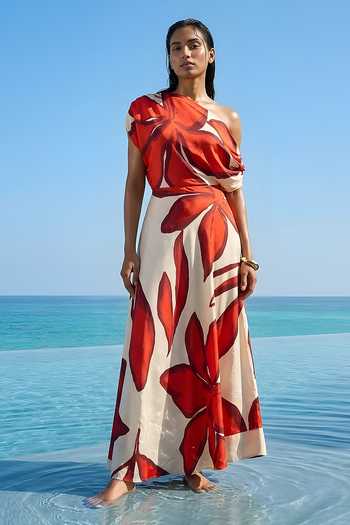 Buy_Poppi_White Bemberg One Shoulder Floral Print Maxi Dress _at_Aza_Fashions