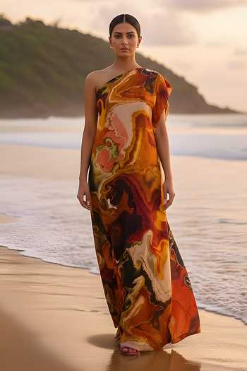 Buy_Poppi_Multi Color Silk, Bemberg One Shoulder Printed Kaftan _at_Aza_Fashions