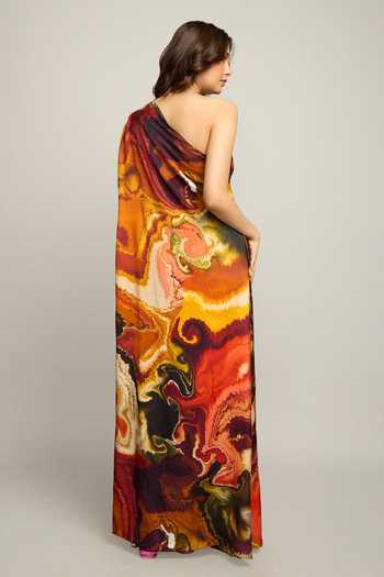 Shop_Poppi_Multi Color Silk, Bemberg One Shoulder Printed Kaftan _at_Aza_Fashions