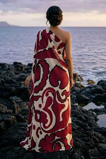Shop_Poppi_Off White Silk, Bemberg One Shoulder Printed Kaftan _at_Aza_Fashions