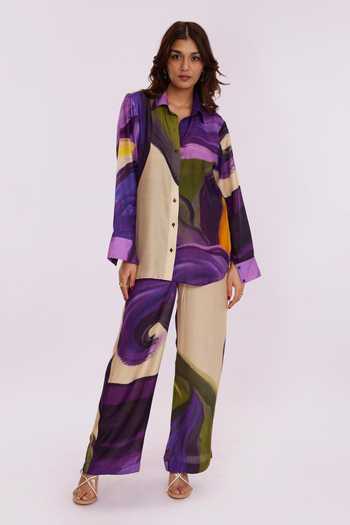 Buy_Poppi_Multi Color Bemberg Collared Floral Printed Shirt And Pant Set _at_Aza_Fashions