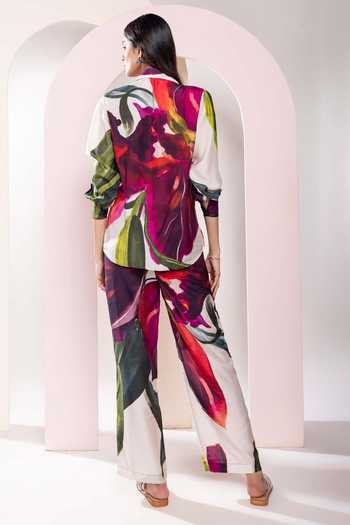 Shop_Poppi_Multi Color Bemberg Collared Floral Printed Shirt And Pant Set _at_Aza_Fashions