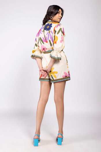 Shop_Poppi_Multi Color Bemberg Mandarin Collar Floral Printed Shirt And Skorts Set _at_Aza_Fashions