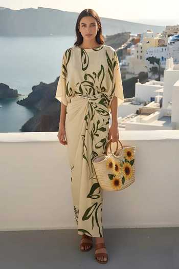 Buy_Poppi_White Bemberg Round Neck Floral Printed Top And Wrap Skirt Set _at_Aza_Fashions