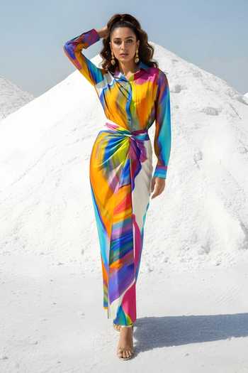 Buy_Poppi_Multi Color Bemberg Collared Abstract Print Shirt And Skirt Set _at_Aza_Fashions