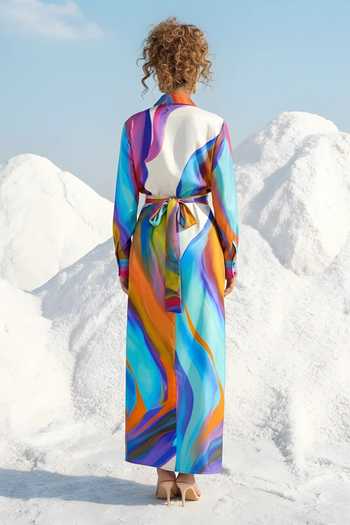 Shop_Poppi_Multi Color Bemberg Collared Abstract Print Shirt And Skirt Set _at_Aza_Fashions